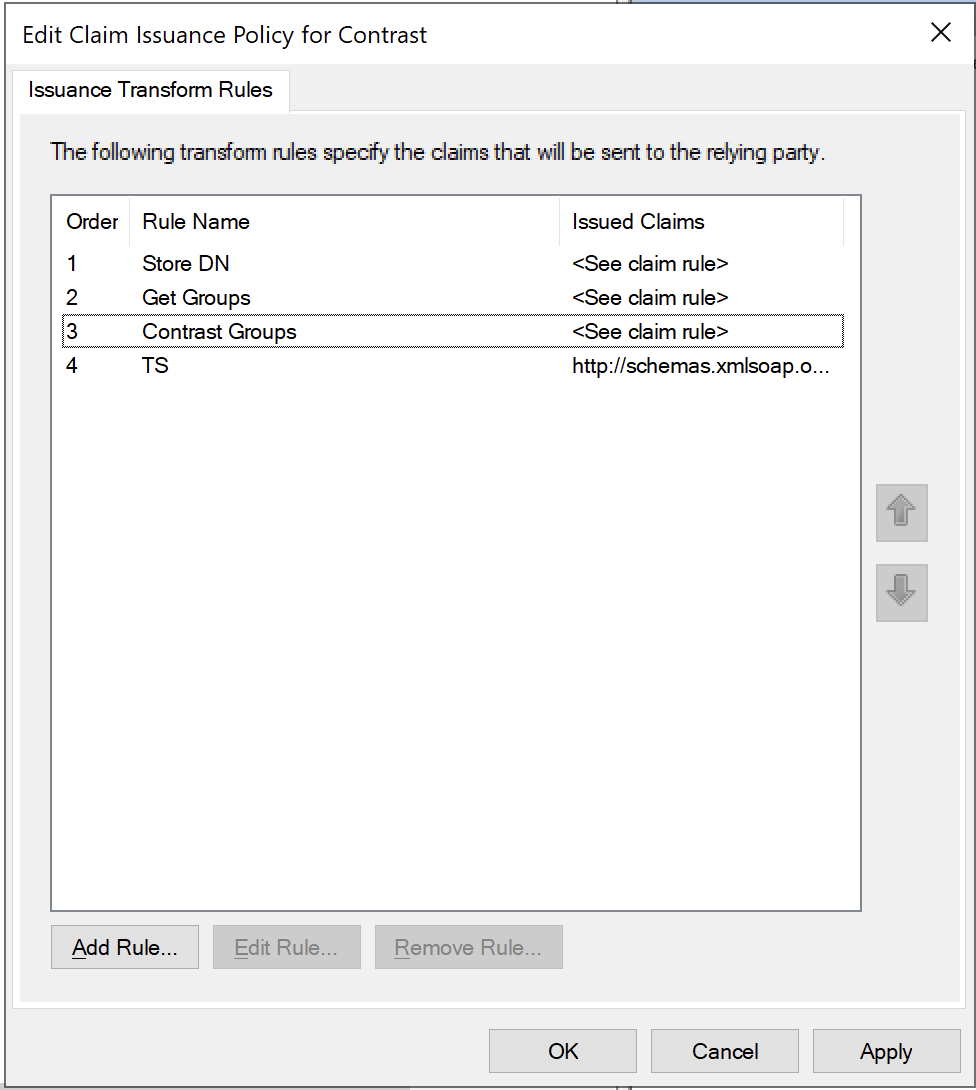 Screenshot of the AD FS Edit Claim Issuance Policy for Contrast panel after adding the custom rules