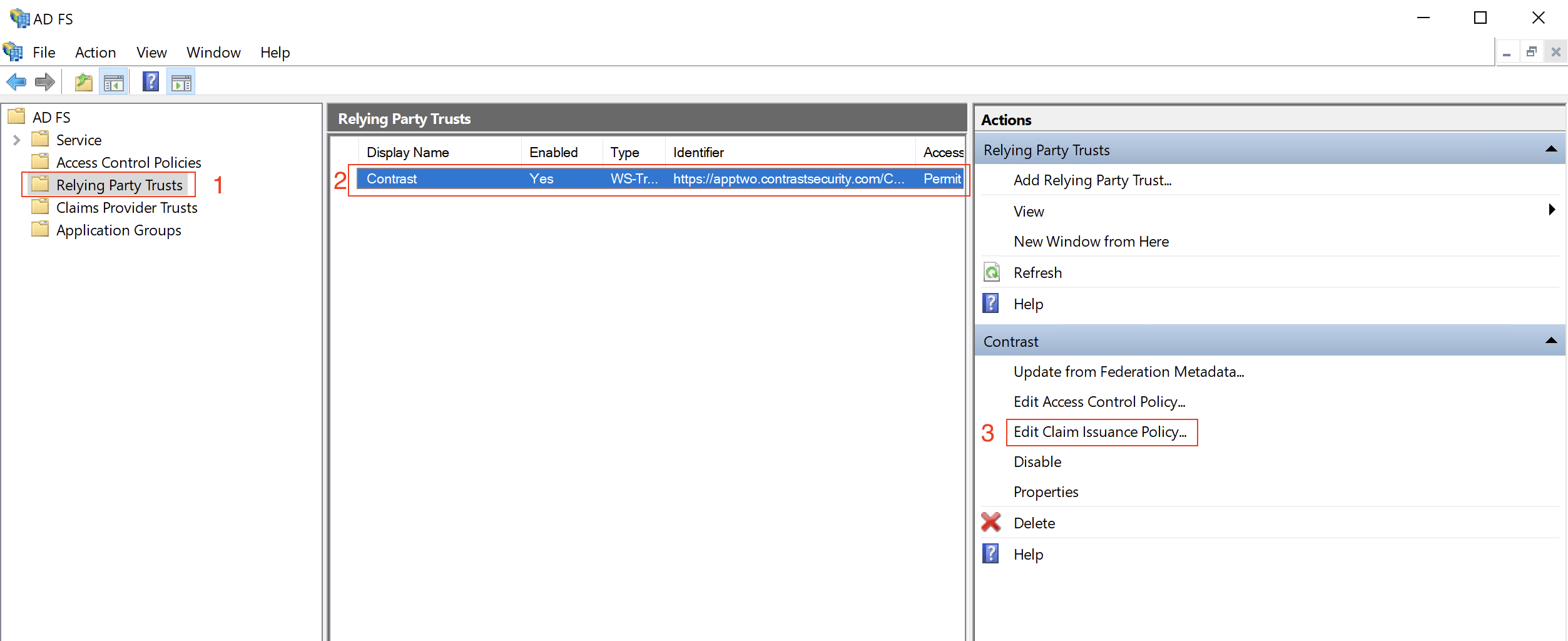 Screenshot of the AD FS Management console, highlighting steps necessary to edit the claim issuance policy